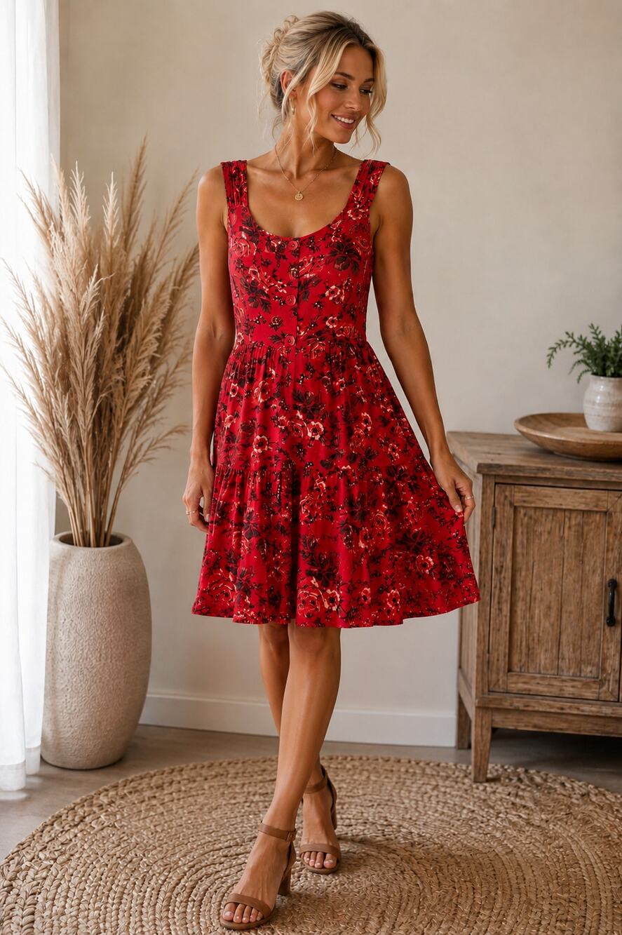 Band of Gypsies Red Floral Maxi Dress Boho Button Front Tiered Size M